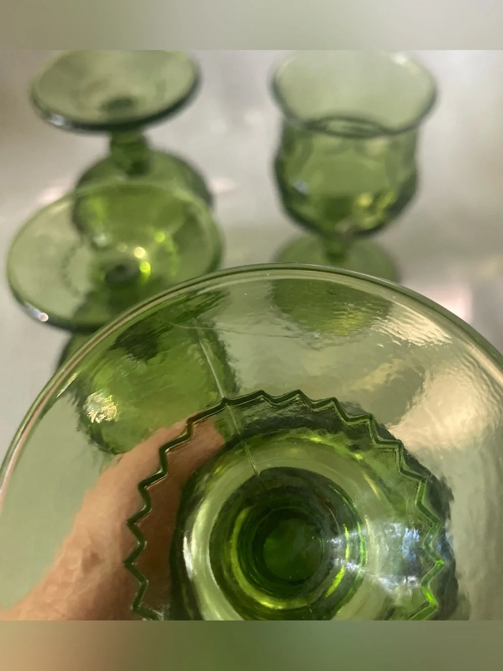 Set of 4 Vintage Indiana Glass King's Crown Green Thumbprint Design Goblets!